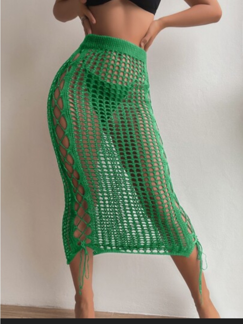 SHEIN Swim Summer Beach Hollow Out Lace Up Side Cover Up Green Size M